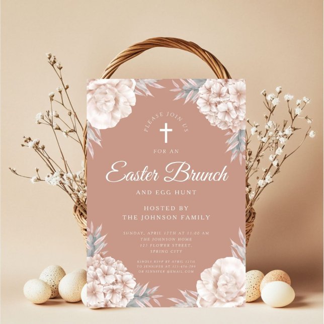Convite Peonias Florais Páscoa Cruzada Religiosa Brunch (Floral Peonies Religious Cross Easter Brunch Invitation)
