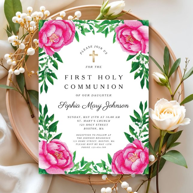 Convite Peônias Florais Rosa Comunhão Religiosa Primeira (Pink Floral Peonies Religious First Communion Invitation)