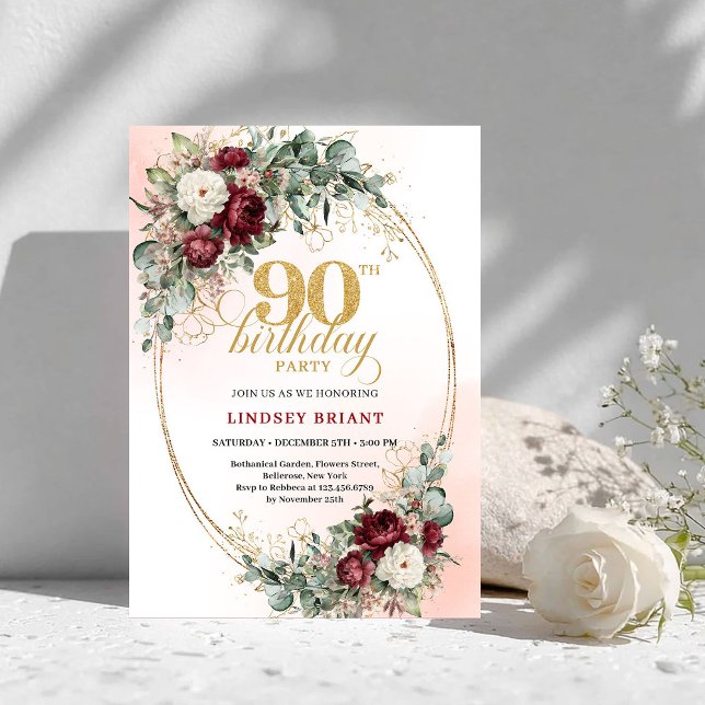 Convite Peônias Refined Marsala com Verdura para 90º Anive (Refined Marsala Peonies Greenery 90th Birthday)