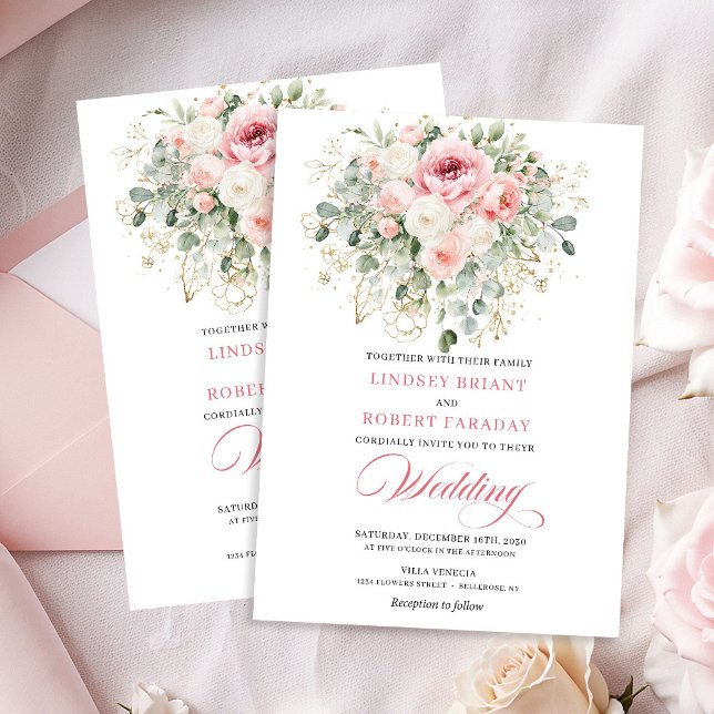 Convite Peônias Românticas com Verde e Dourado Casamento  (Romantic Blush Peonies Greenery Gold Wedding Invite)