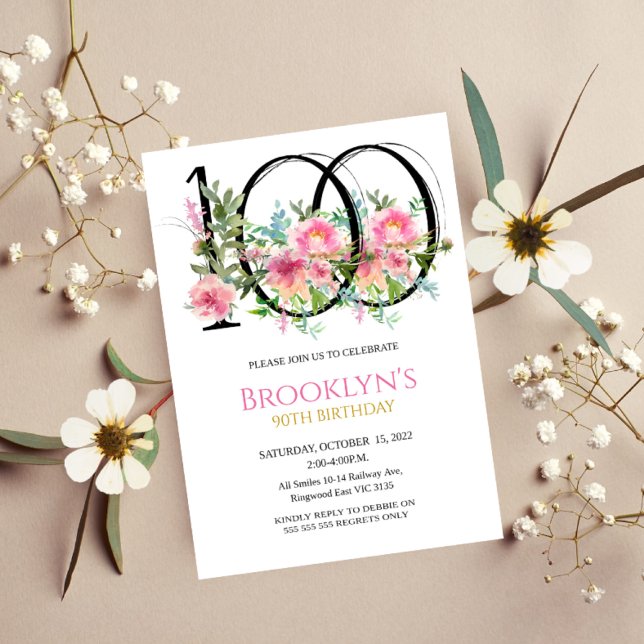 Convite Peônias Rosa 100º Aniversário (Criador carregado)