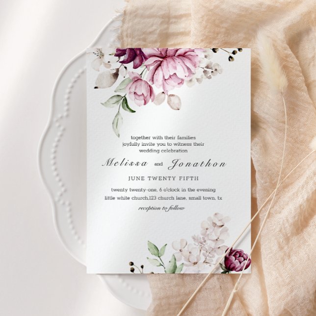 Convite Peônias Rosa Borgonha Floral Casamento (Criador carregado)