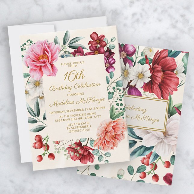 Convite Peônias Rosa Burgundy Folhas Florais Aniversário d (Criador carregado)