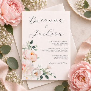 Convite Peônias Rosa Choque Elegante Casamento Floral