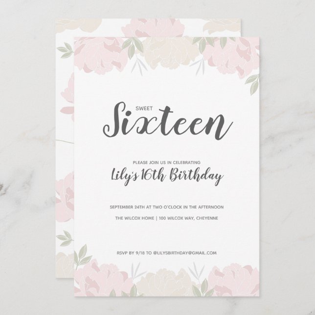 Convite Pêonias Rosa e Creme Doce 16 Festa de aniversário (Frente/Verso)