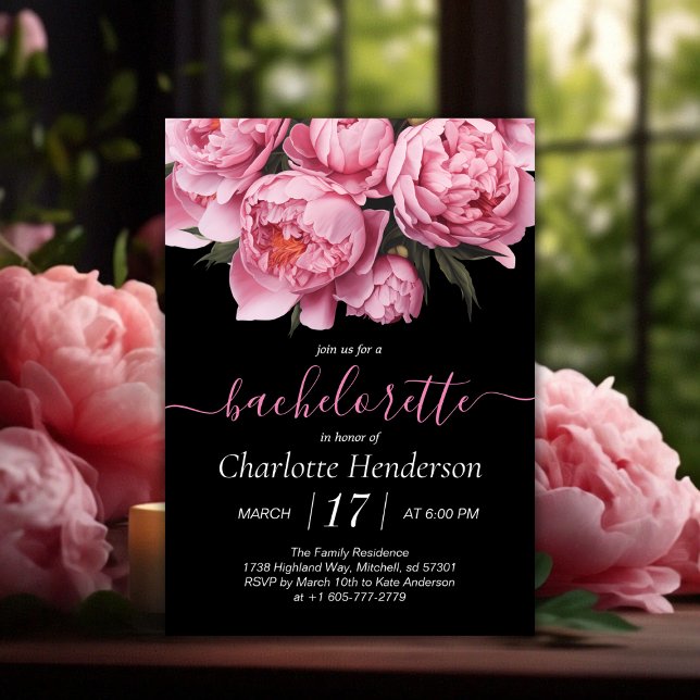 Convite Peônias rosa Festa de solteira preta (Pink Peonies Watercolor Black Bachelorette Party Invitation)