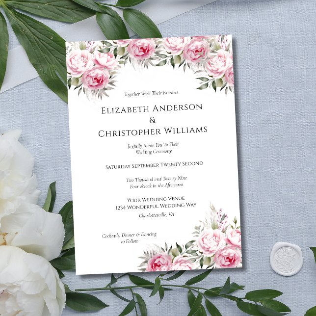Convite Pêonias Rosa Flores Flores Casamento Aquarela (Pink Floral Peonies with Greenery Elegant Wedding Invitation. Printed or Digital Instant Download)