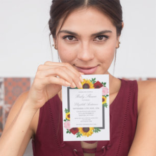 Convite Peônias Rosa Girassol Outono Floral Chã de Bebê