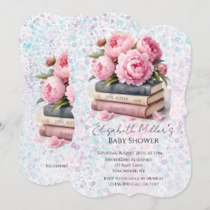 Convite Peônias Rosa & Livros Chás de Bebê Menina