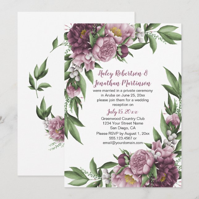 Convite Peônias Rosa Malva com Folhagens Somente Recepção (Frente/Verso)