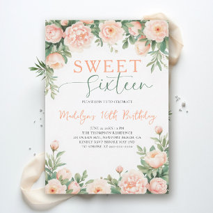 Convite Peônias Rosa Pêssego Floral Elegante Script Doce 1