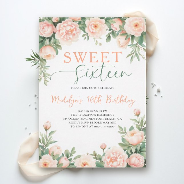 Convite Peônias Rosa Pêssego Floral Elegante Script Doce 1 (sweet sixteen birthday invitation peony floral peach pink green script elegant classy watercolor)