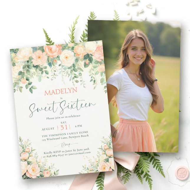 Convite Peônias Rosa Pêssego Script Elegante Foto Doce 16 (sweet sixteen birthday invitation peony floral peach pink green script elegant classy photo)