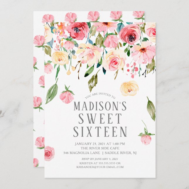 Convite Pêonias Rosa Queda Floral Doce Festa Sessenta (Frente/Verso)