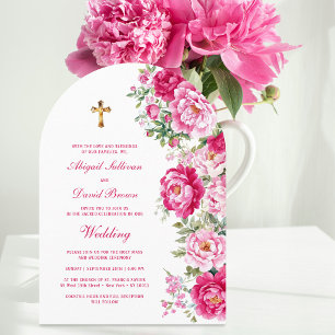 Convite Peônias Rosa Quente Arco Casamento Religioso