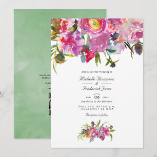 Convite Peônias Rosa Vintage Código QR RSVP Casamento