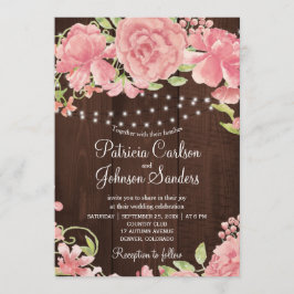 Convite Pêonias rosas e rosas, roxas e luzes na madeira do