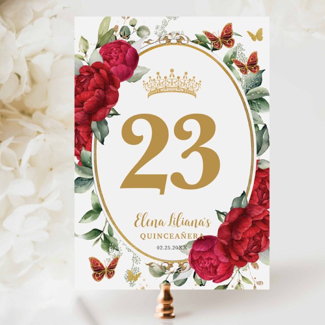 Convite Peônias Vermelhas Boho Número da Mesa Floral Quinc (Criador carregado)