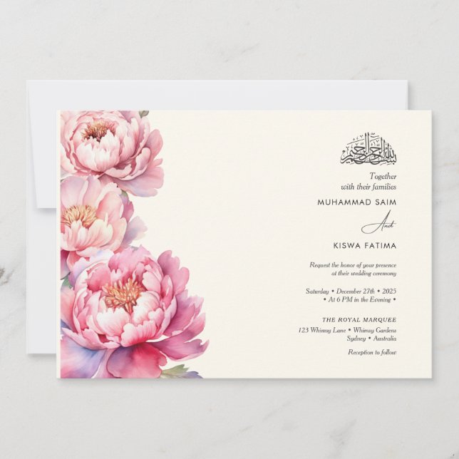 Convite Peonies florais muçulmanos islâmicos Nikah (Frente)