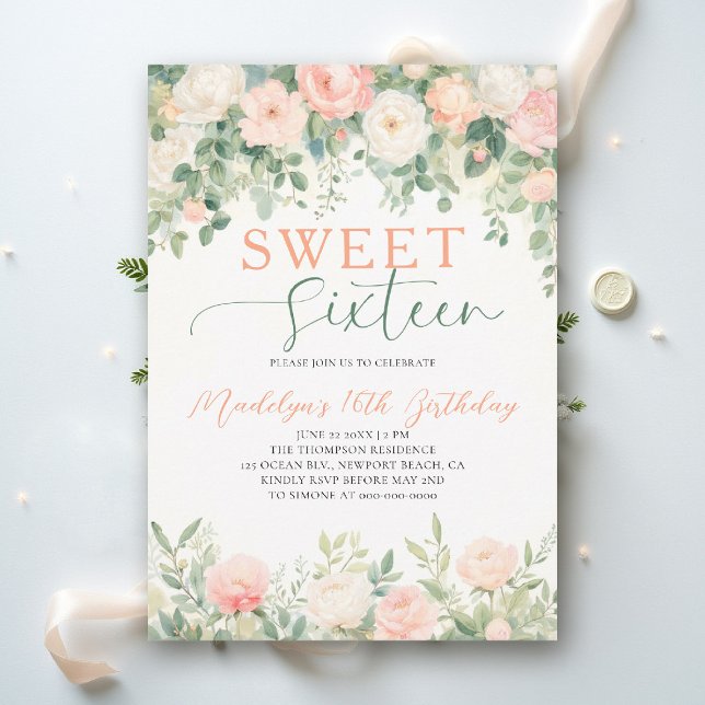 Convite Peonies Floral Peach Pink Script Elegant Sweet 16 (sweet sixteen birthday party invitation peony floral peach pink green script elegant classy)