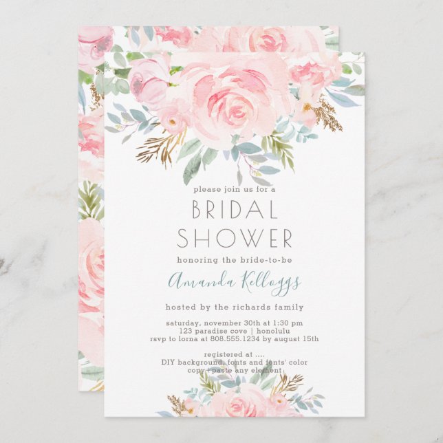 Convite Peonies Invita de Aquarela de Chá de panela PixDez (Frente/Verso)