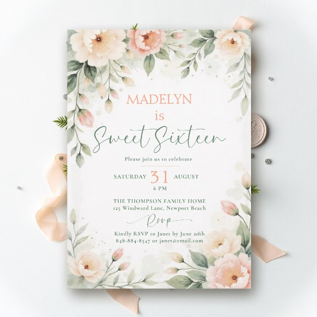 Convite Peonies Peach Pink Elegant Script Floral Sweet 16 (sweet sixteen birthday invitation peony floral peach pink green script elegant classy chic )