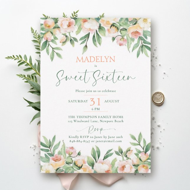 Convite Peonies Peach Pink Script Elegant Floral Sweet 16 (sweet sixteen birthday invitation peony floral peach pink green script elegant classy formal)