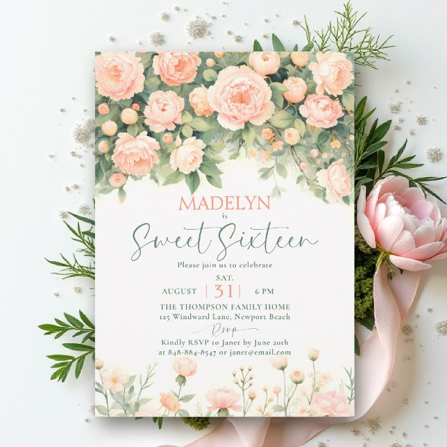 Convite Peonies Pink Peach Script Elegant Floral Sweet 16 (sweet sixteen birthday invitation peony floral peach pink green script elegant classy chic)
