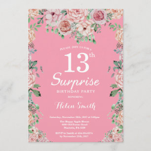 Convite Peonies Rosa Floral 13 Surpresa Aniversário