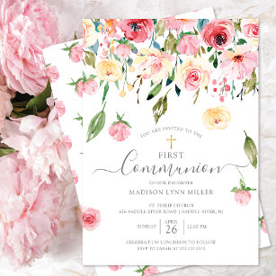 Convite Peonies Rosa Floral Primeira Comunhão