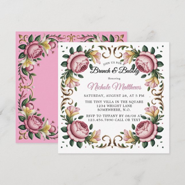 Convite Peonies rosa Rococo Frame Brunch e Bubble (Frente/Verso)