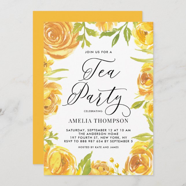 Convite Peony Amarelo e Rosa Floral Wreath Tea Party (Frente/Verso)