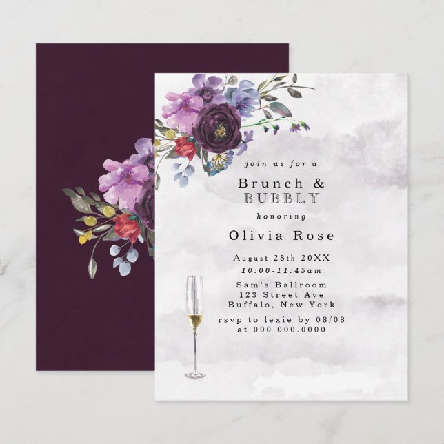 Convite Peony Botânica Violet Brunch e Bubble (Frente/Verso)
