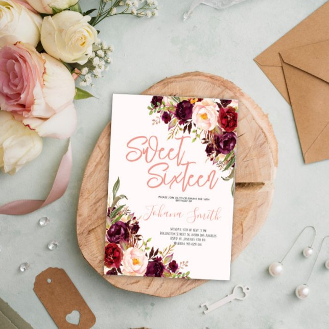 Convite Peony Burgundy Rosa Floral Sexto Aniversário (Criador carregado)