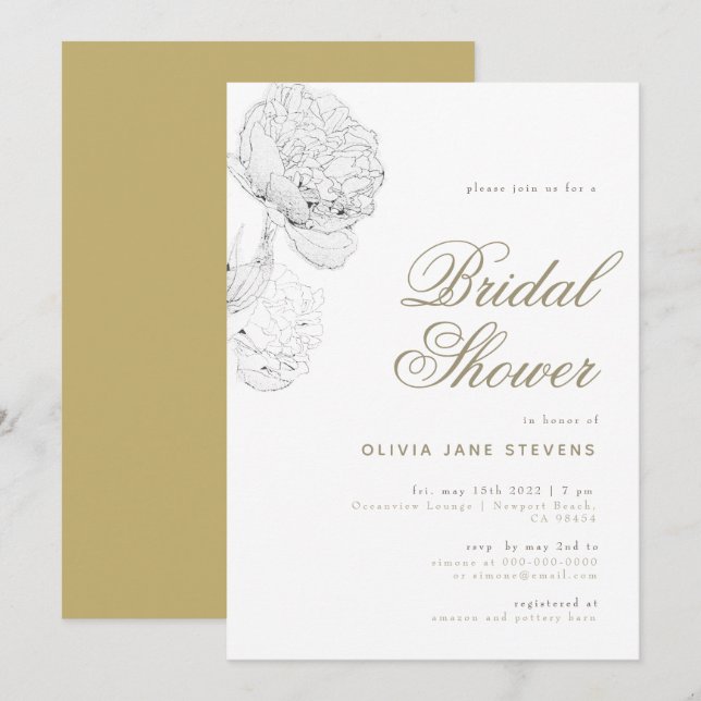 Convite Peony BW Dourado Elegante Script Floral Chá de pan (Frente/Verso)