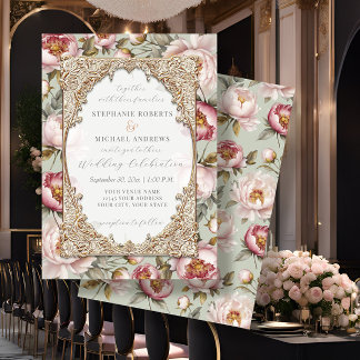 Convite Peony Elegant Floral Dourada w Pink e Sage Weds