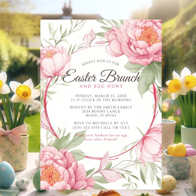 Convite Peony Floral de Elegante Rosa, Páscoa Brunch e Caç (Easter brunch invite with pink flowers, event details, and a spring garden backdrop.)