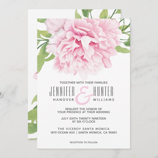 Convite Peony Floral Rosa de Aquarela | Casamento (Frente/Verso)