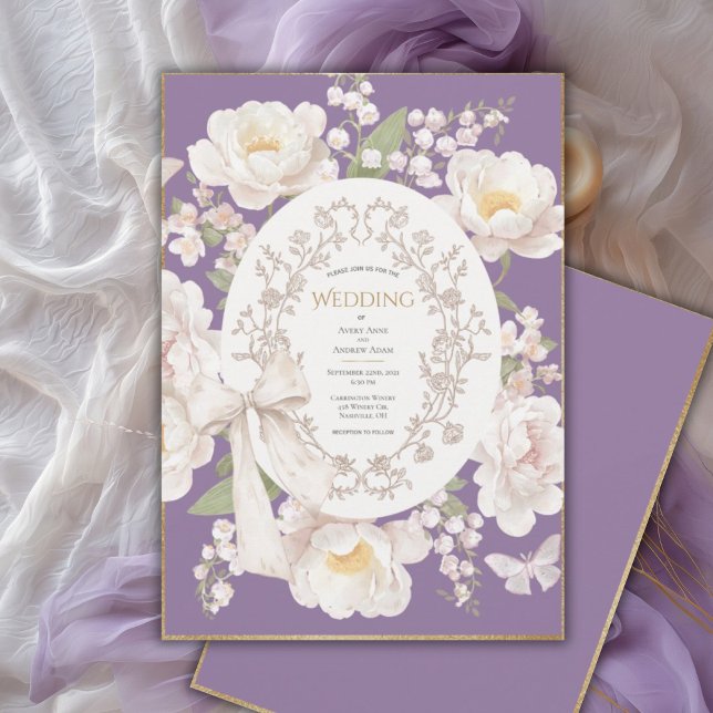 Convite Peony Floral Vintage Elegant Purple Wedding (Criador carregado)