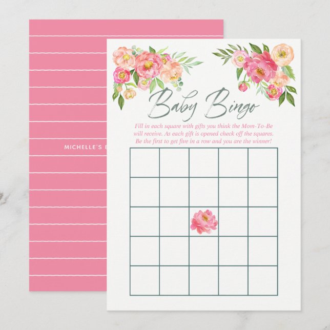 Convite Peony flores Primavera Chá de fraldas Baby Bingo (Frente/Verso)