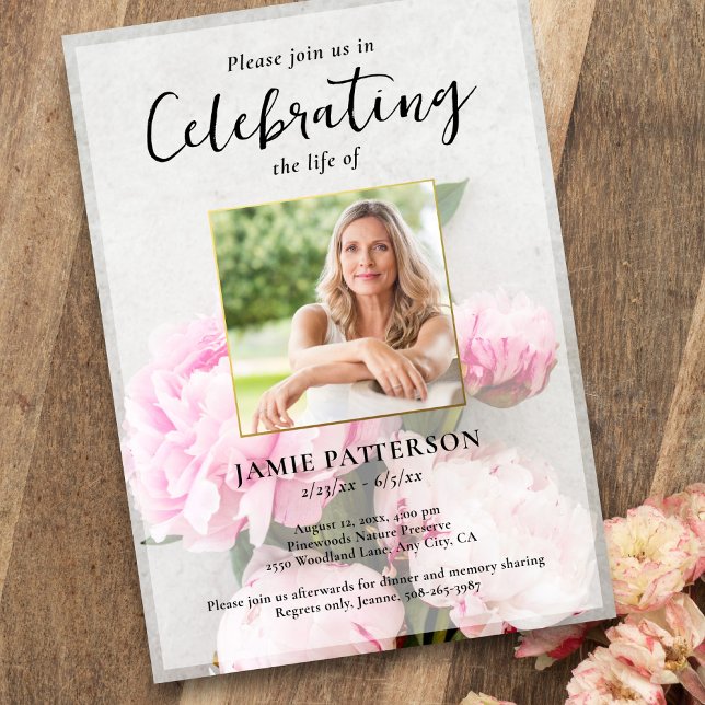 Convite Peony Flowers Celebration of Life Photo, Funeral (Criador carregado)