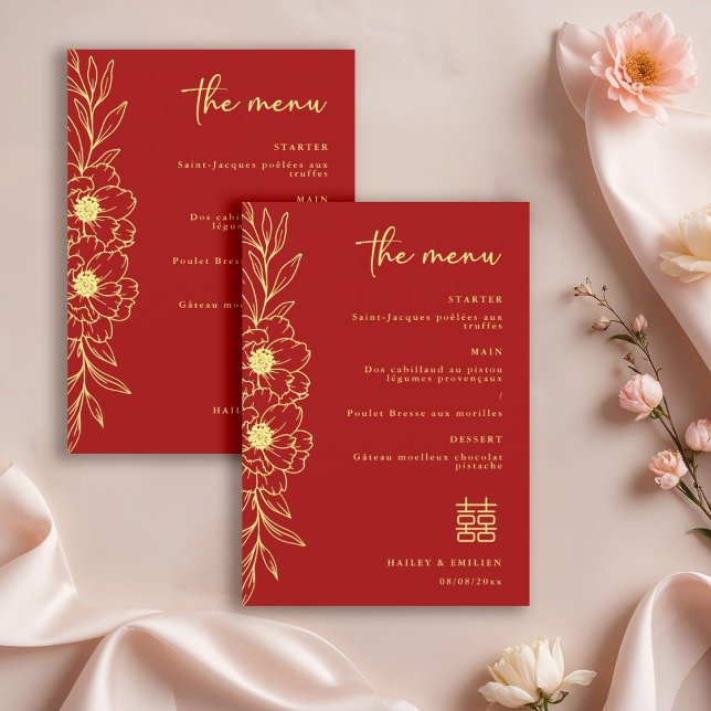 Convite Peony Flowers Modern Chinese Red Gold Wedding Menu (Criador carregado)