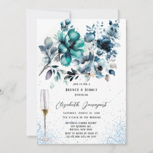 Convite Peony Glitter Azul e Teal Brunch e Bubble