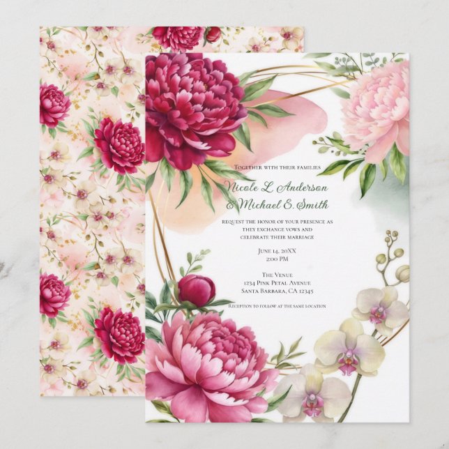 Convite Peony & Orchid Garden Floral Glam Wedding  (Frente/Verso)