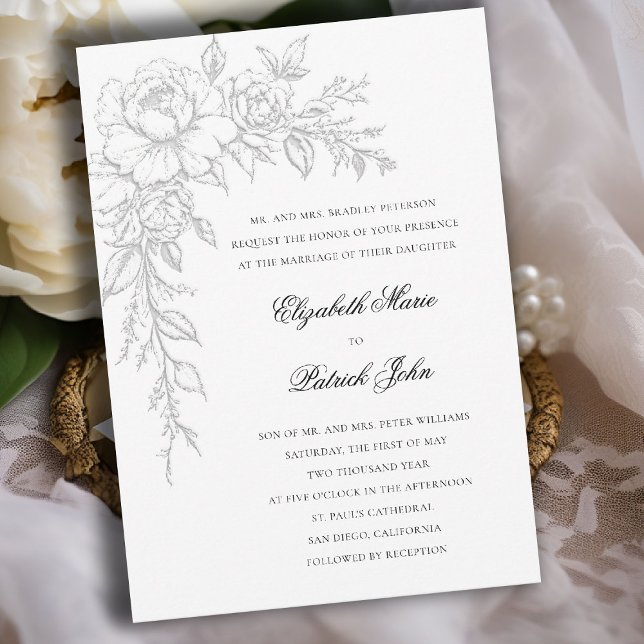 Convite Peony Radiant White Elegant Formal Classic Wedding (peony wedding invitation formal traditional modern classic art sketch black white parents host)