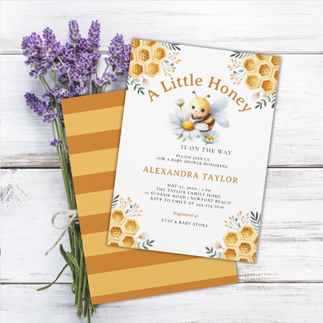 Convite Pequena Abelha Fresca De Mel Bonito Chá (little honey bee baby girl shower invitation watercolor illustration cute adorable whimsical floral)