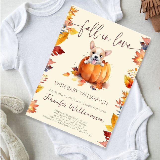 Convite Pequena abóbora cai no Chá de fraldas de amor (Cute Little Pumpkin Puppy Fall Baby Shower Invitation
)