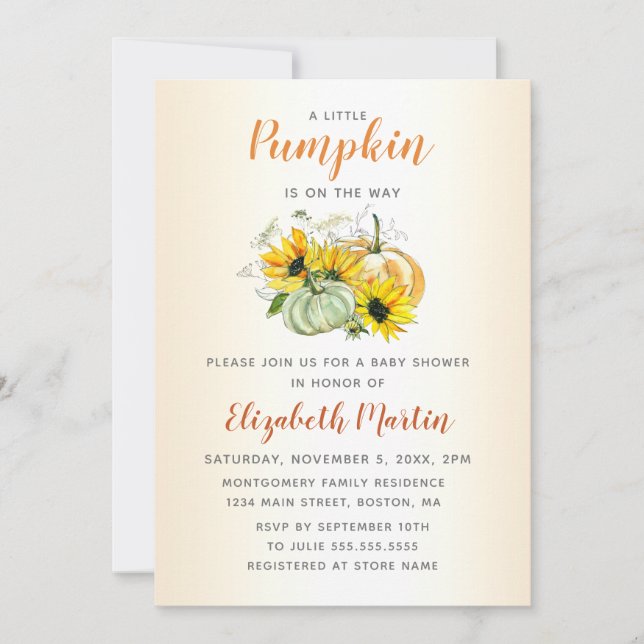 Convite Pequena abóbora no caminho Chá de fraldas de aquar (Frente)