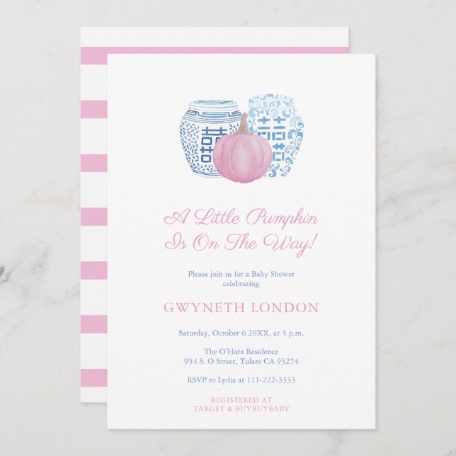 Convite Pequena Abóbora No Caminho Da Chá de fraldas Rosa (Frente/Verso)