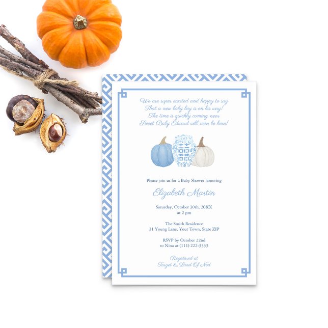Convite Pequena Abóbora No Caminho Do Chá de fraldas Poem  (New Baby Boy Poem Baby Shower Invitation Light Blue And White Pumpkins Ginger Jar. Greek Key Reverse)